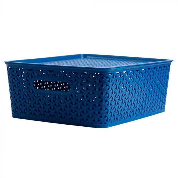 Cesta plástica para almacenamiento con relieve+tapa 35x29x13.5cm azul